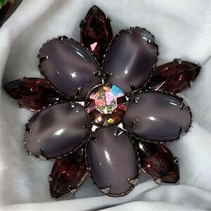 Purple starburst flower BROOCH PIN Oval Cabochons NAVETTES RHINESTONES jewelry